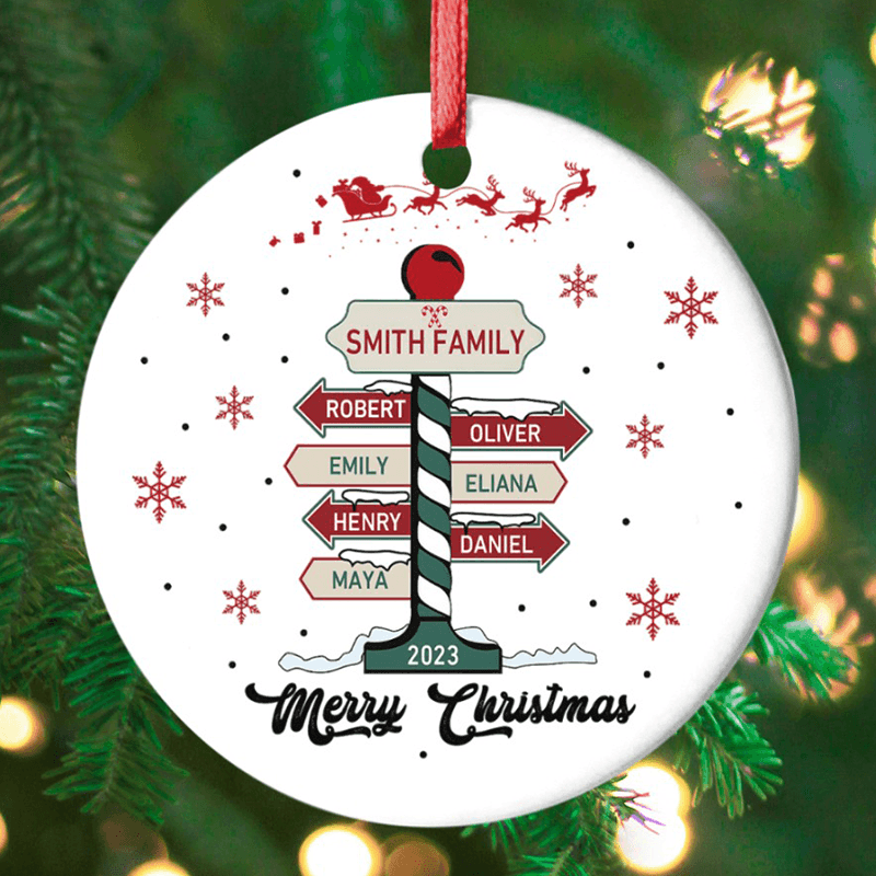 Family Christmas Tree personalized circle ceramic ornament, main view
