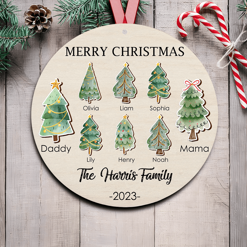Family Christmas Tree Ornament 2 layers custom shaped wooden ornament, main view