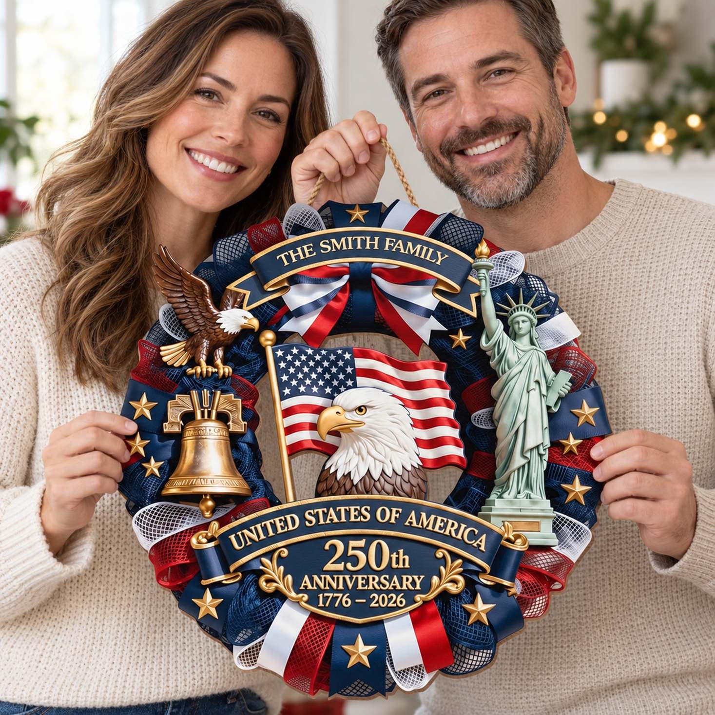 Mom and Dad holding personalized America 250th Anniversary custom shaped wood sign