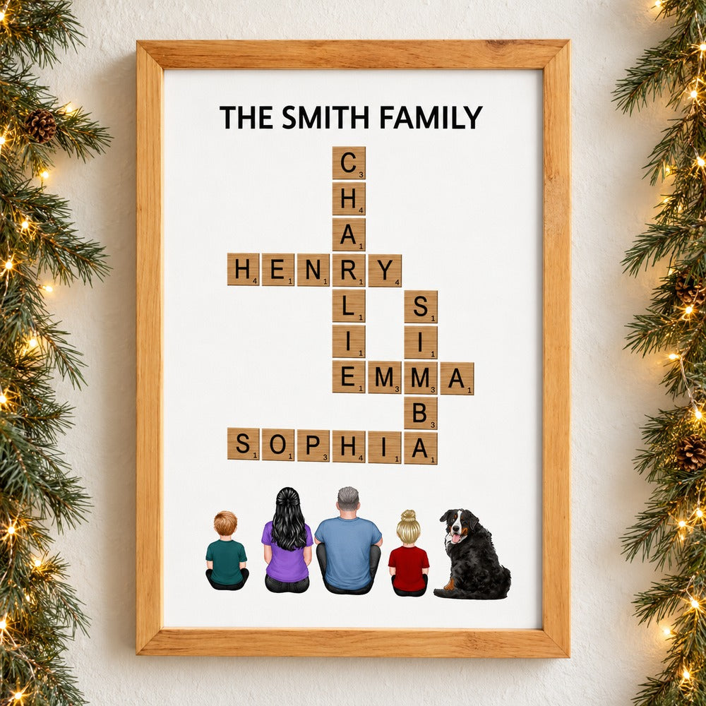 Personalized family crossword framed poster hanging on wall with holiday garland