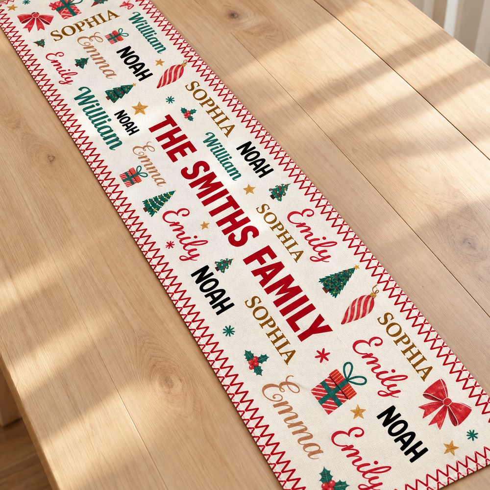 Close up detail of personalized Christmas table runner fabric print and red zigzag border