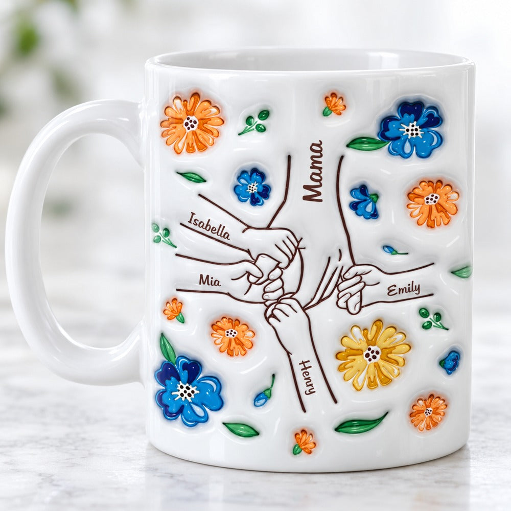 Close-up detail of 3D inflated effect print and floral hand artwork on glossy ceramic mug