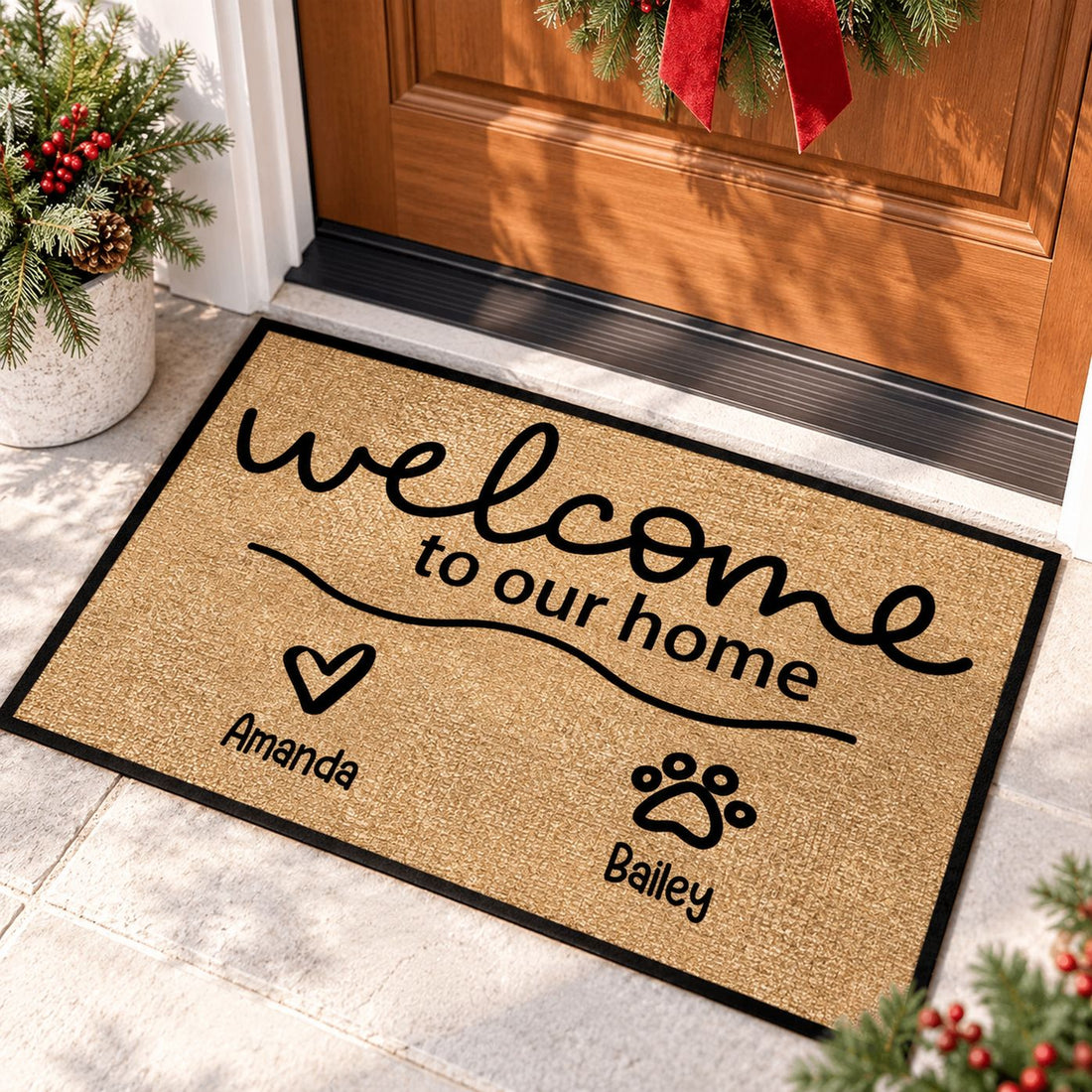 Personalized welcome to our home dog paw print doormat at a festive holiday front door