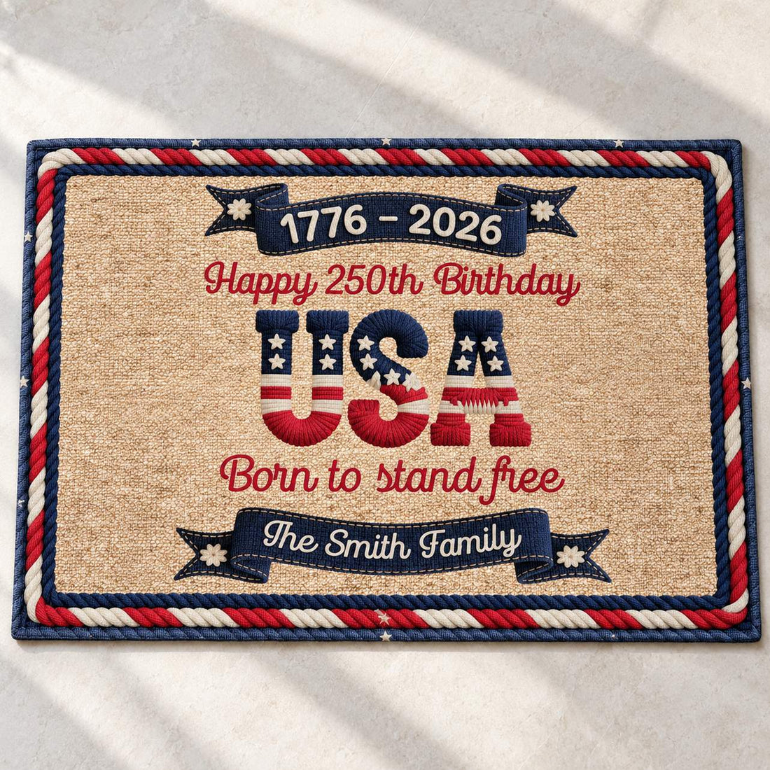 Close-up detail of faux yarn pattern print and border on USA 250th doormat