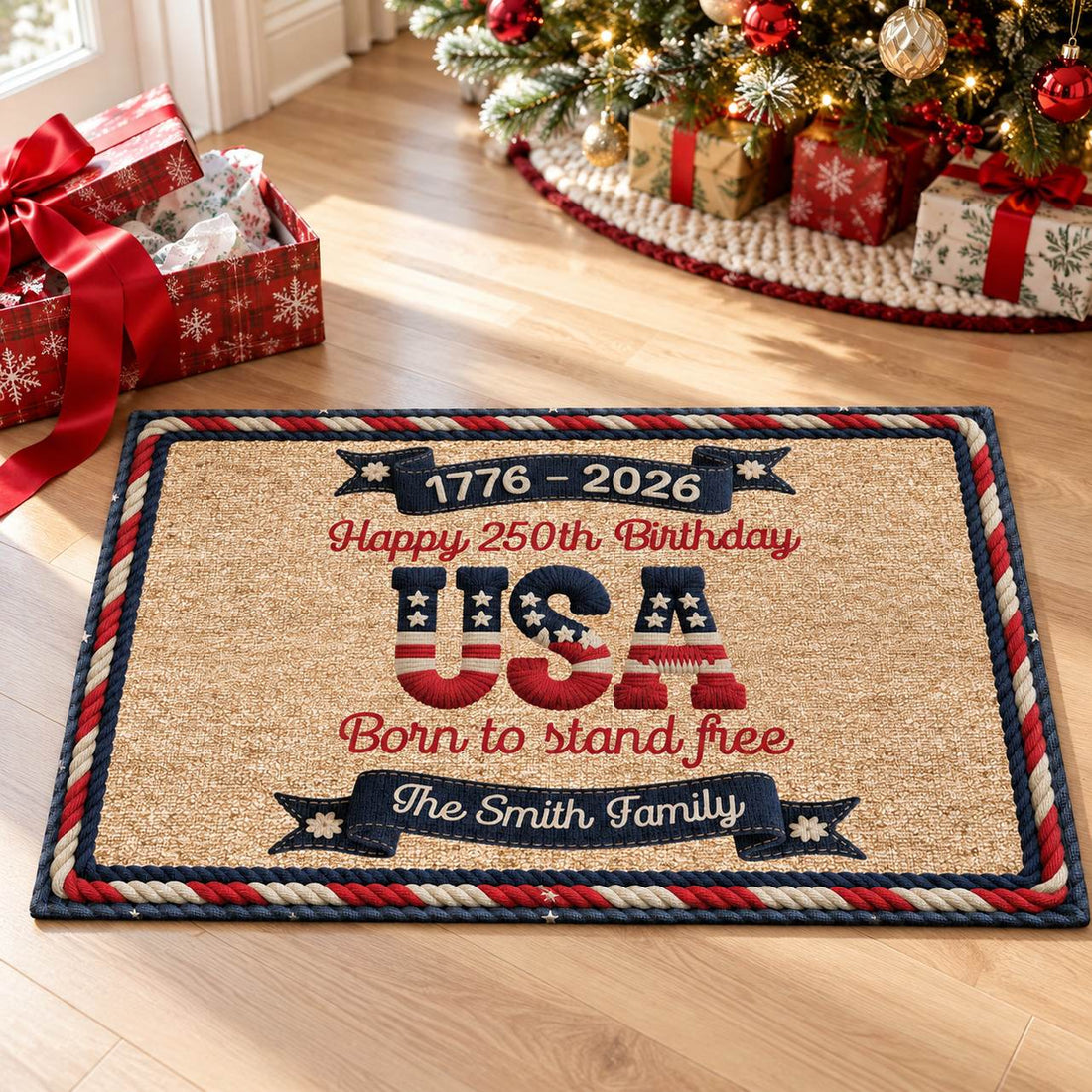 America 250th anniversary personalized doormat presented as a Christmas family gift