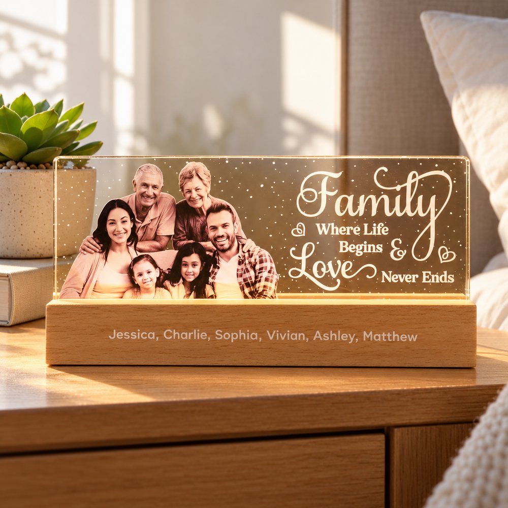 Family Where Life Begins personalized acrylic LED light glowing on a bright bedroom nightstand