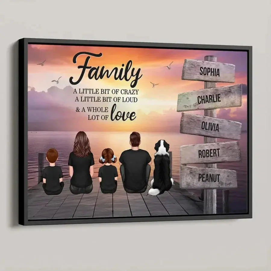 Personalized Custom Back View Family canvas print, leaning against a wall on a wooden floor