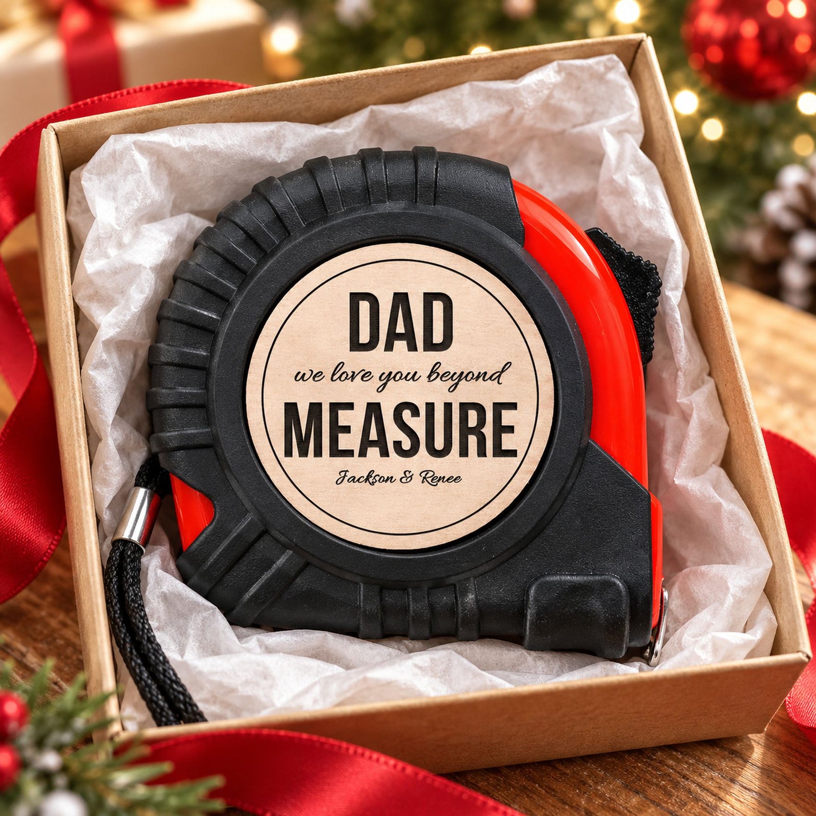 Custom engraved tape measure for Dad in open holiday gift box with ribbon