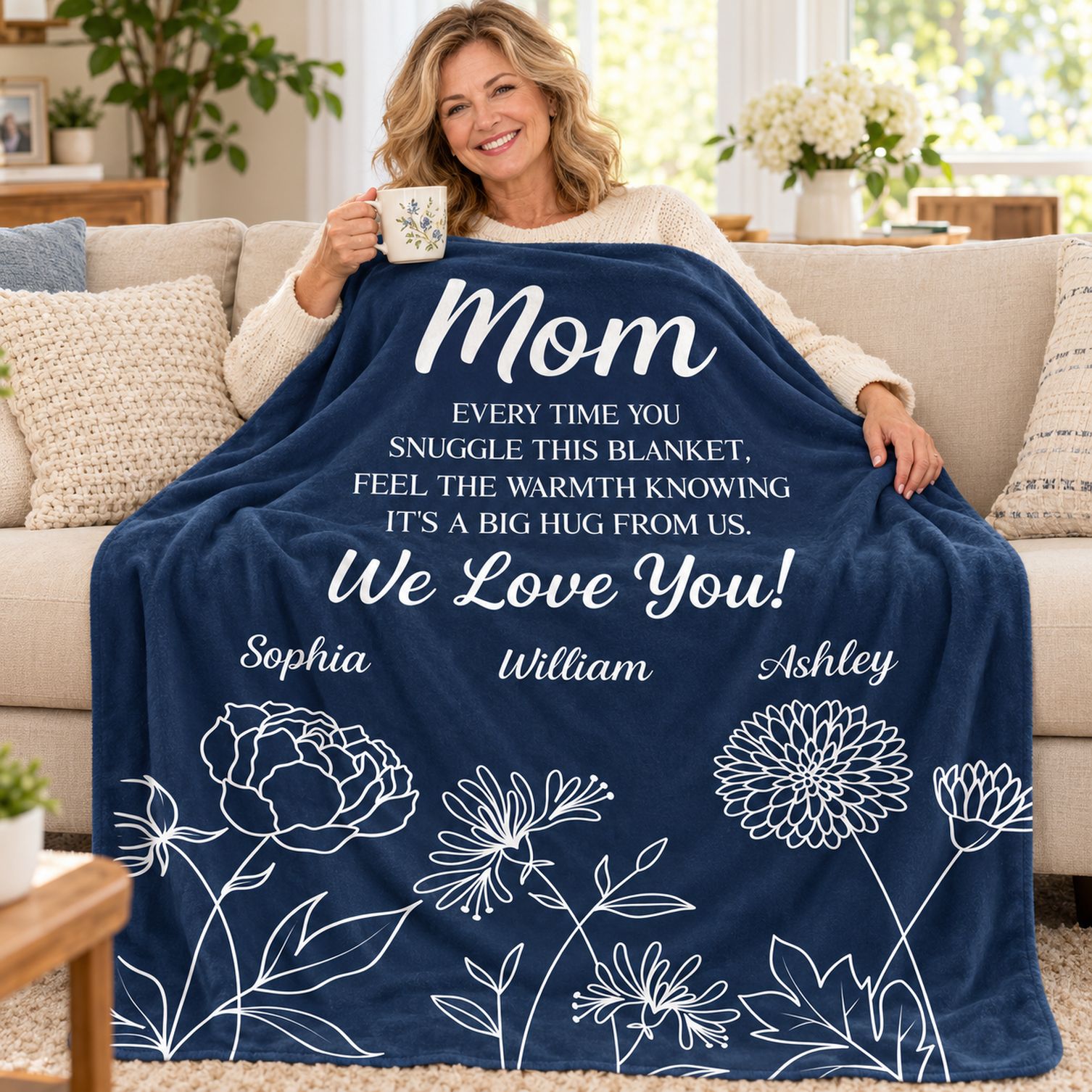 Mom snuggling under personalized navy blue birth flower fleece blanket on a bright sofa