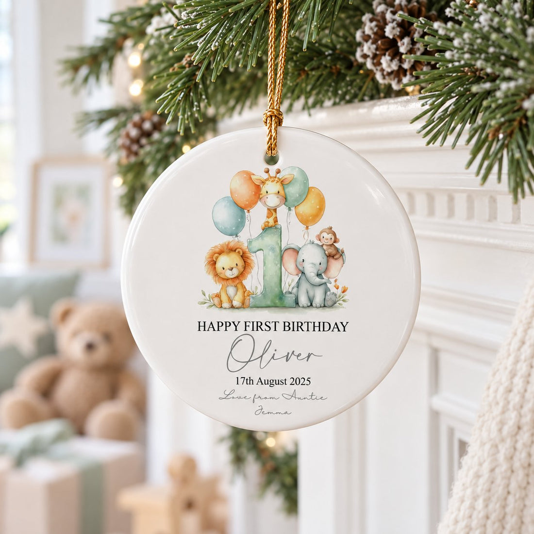 Safari animals first birthday circle ceramic ornament hanging on a festive holiday mantel garland