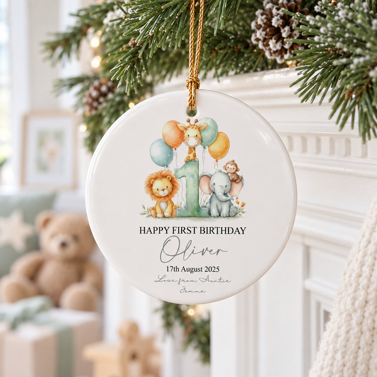 Safari animals first birthday circle ceramic ornament hanging on a festive holiday mantel garland