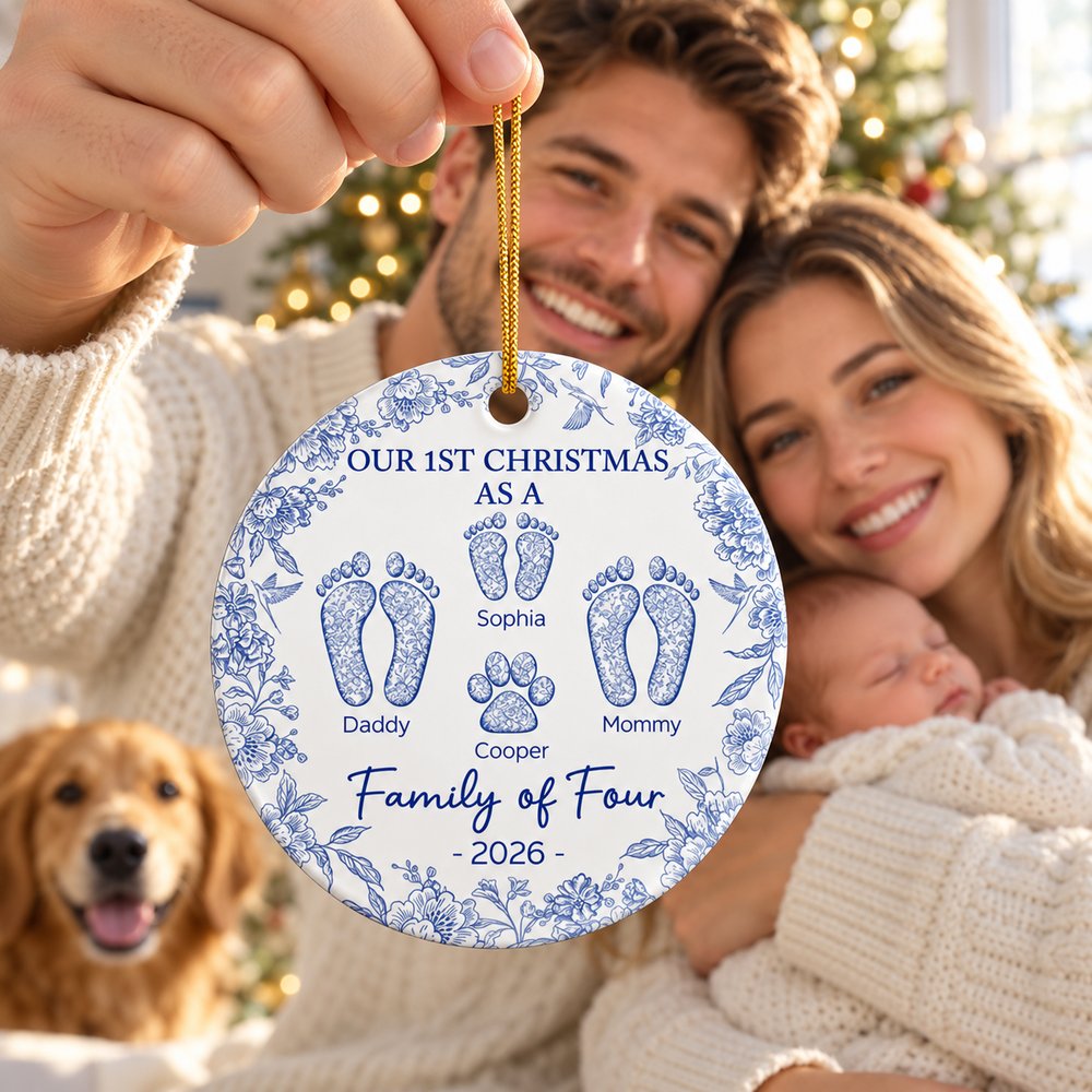 New parents with baby holding personalized Family of Four toile footprints ceramic ornament