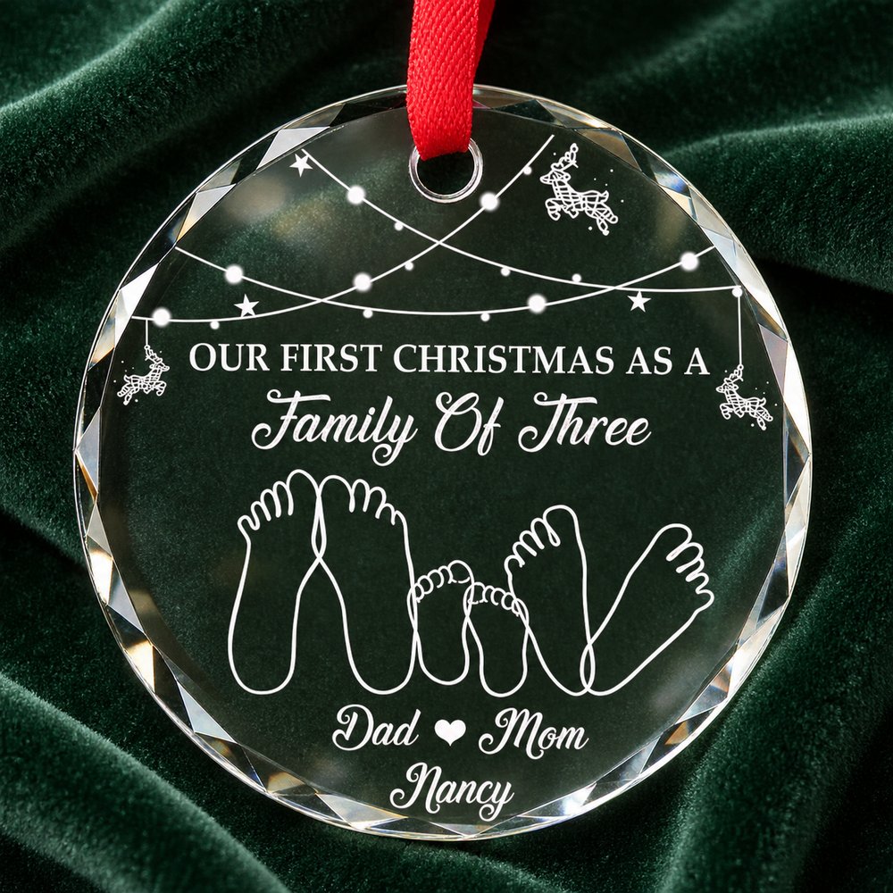 Macro closeup of beveled edges and white footprint print on circle glass ornament