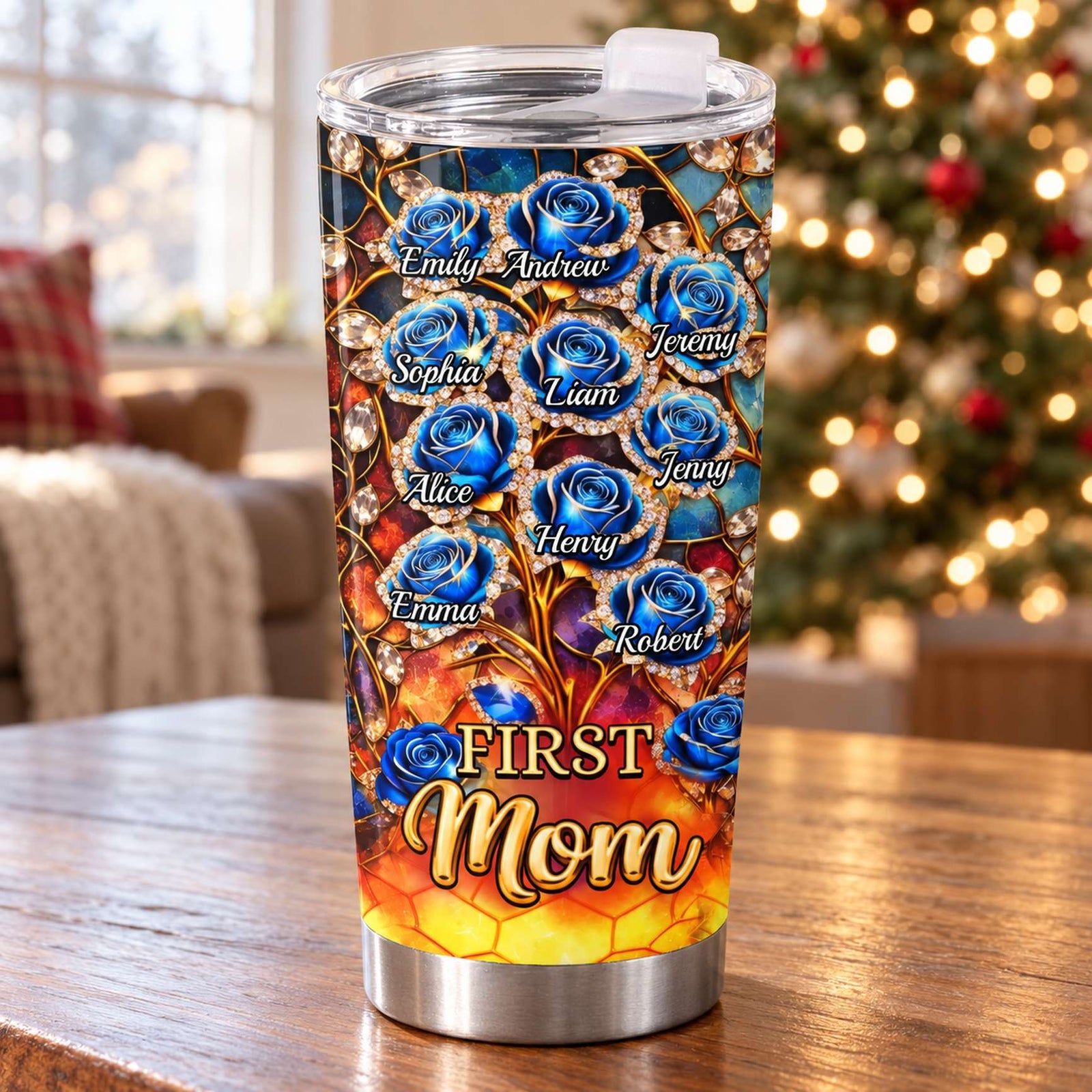 First Mom Now Grandma Rose 20oz Fat Tumbler on table near Christmas tree