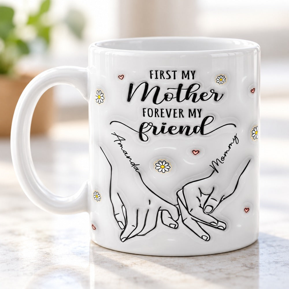 Close-up detail of personalized Mother and Daughter pinky promise mug print and glossy ceramic finish