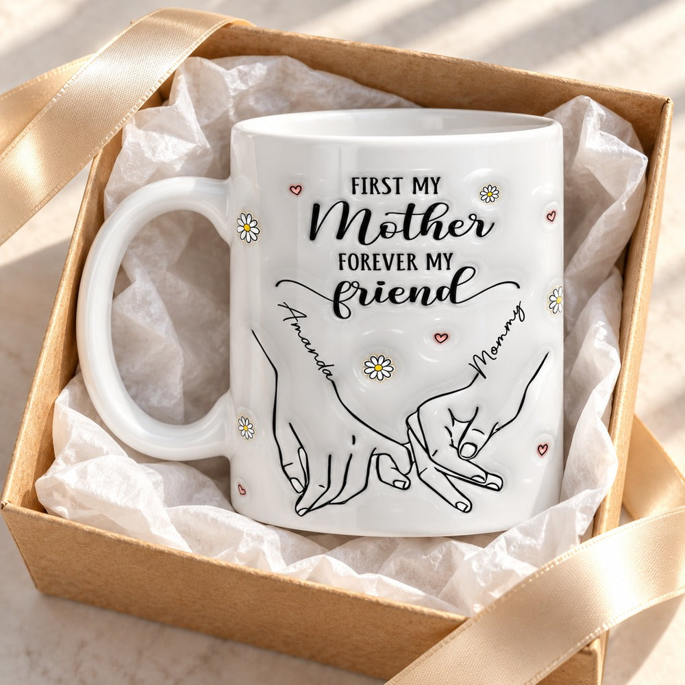 Personalized First My Mother Forever My Friend mug inside open gift box with ribbon