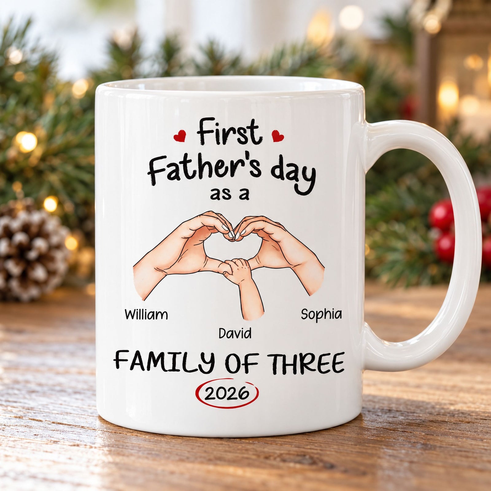 Personalized First Father's Day family of three white mug on wooden table in cozy holiday setting