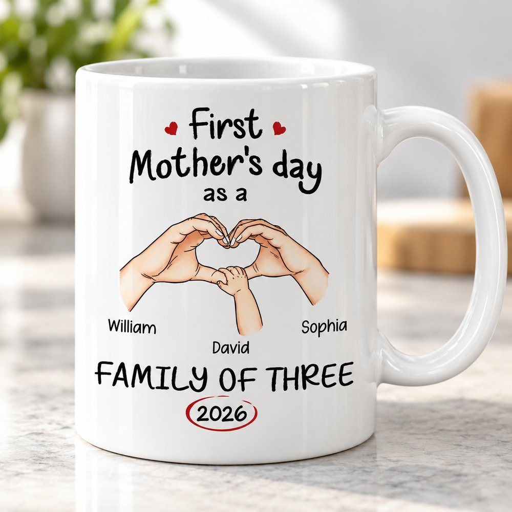 Close-up detail of heart hands illustration and glossy print on personalized Mother's Day mug