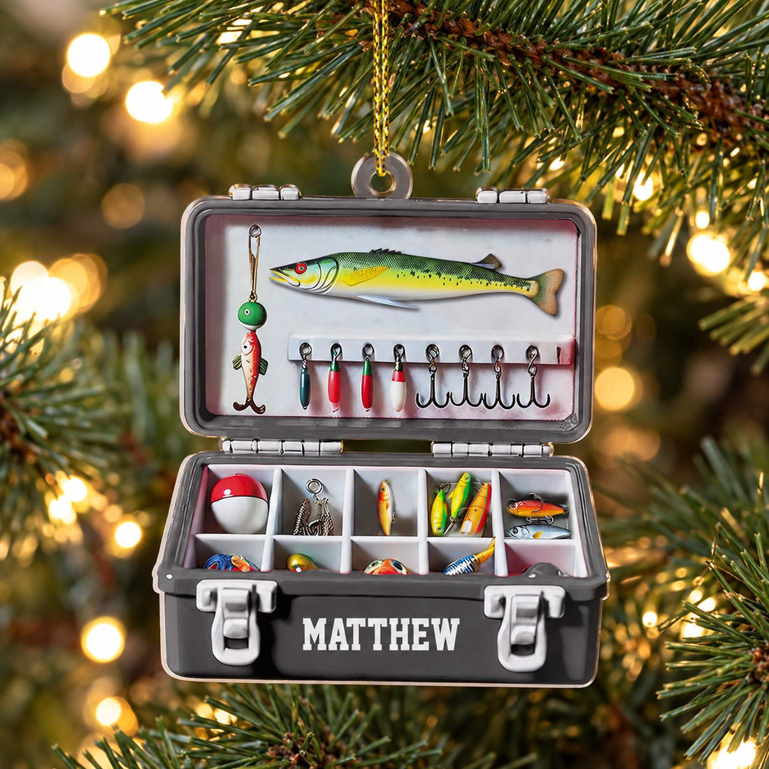Personalized fishing tackle box flat acrylic ornament MATTHEW hanging on a Christmas tree branch