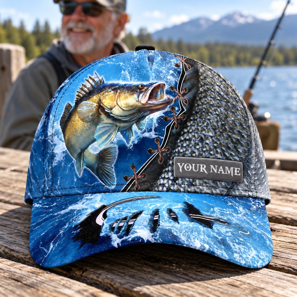 Close-up of fabric texture and print on personalized fishing classic cap