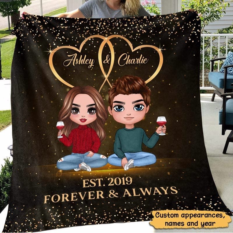 Personalized Doll Couple Sitting fleece blanket, product with name options