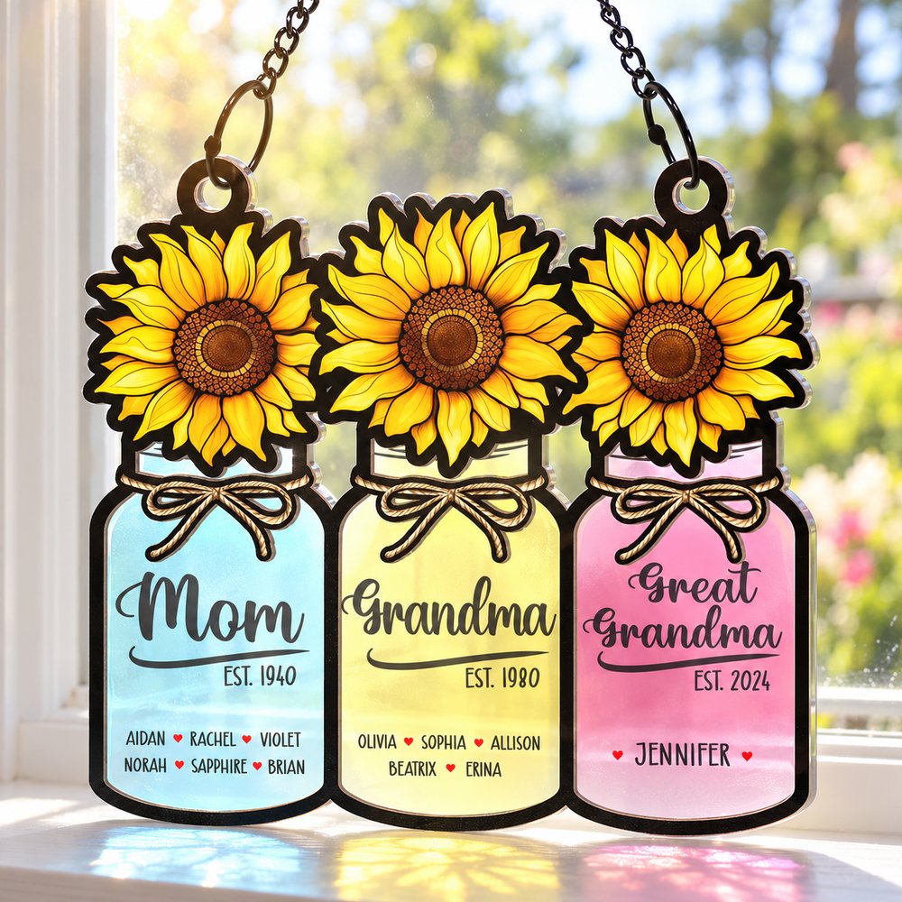 Personalized Flower Mason Jar Mom Grandma Great Grandma suncatcher hanging in a sunny window