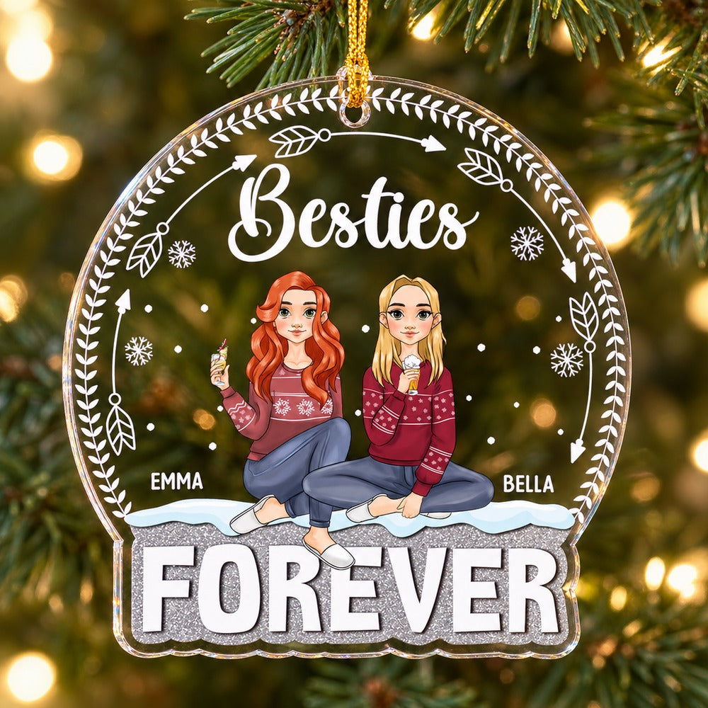 Close-up detail of the glossy clear acrylic edge and UV print on the Besties Forever Christmas ornament