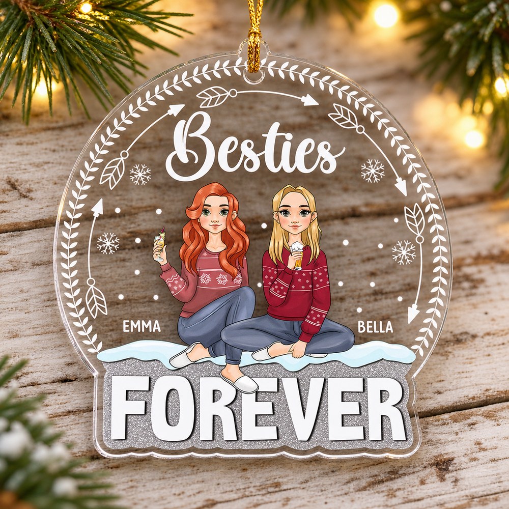 Besties Forever custom acrylic ornament lying flat on whitewashed wood with festive evergreen needles