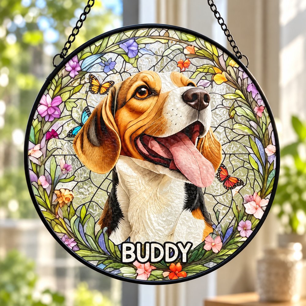 Close-up detail of textured stained glass print and black metal frame on personalized pet suncatcher