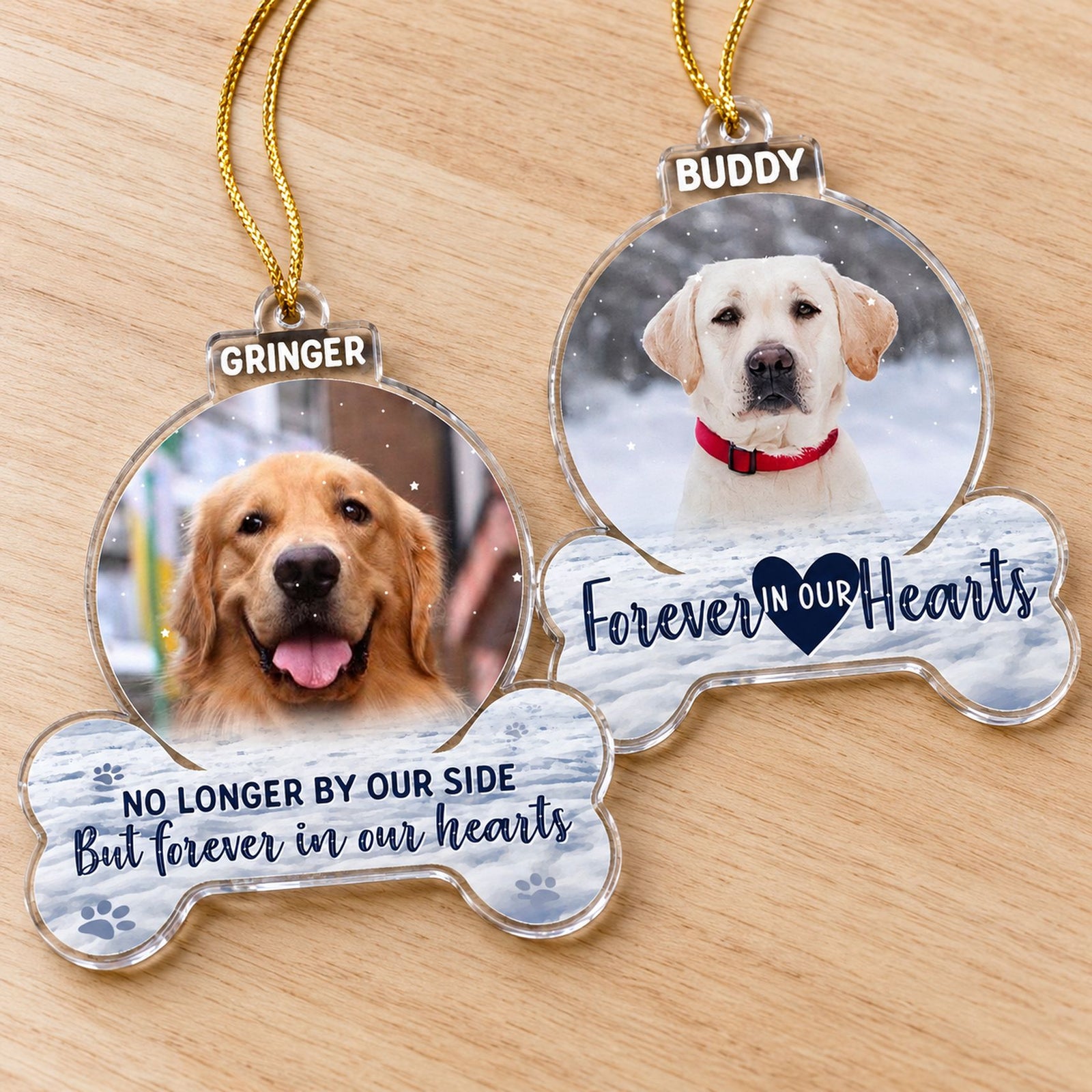 Close-up detail of the clear acrylic edge and vibrant print on pet memorial ornament
