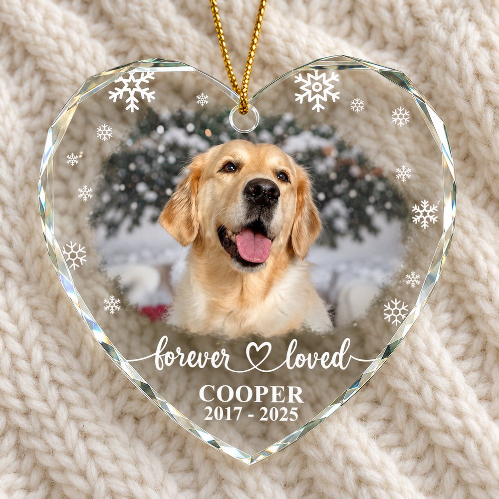 Close-up of beveled edges and print on personalized heart glass pet ornament