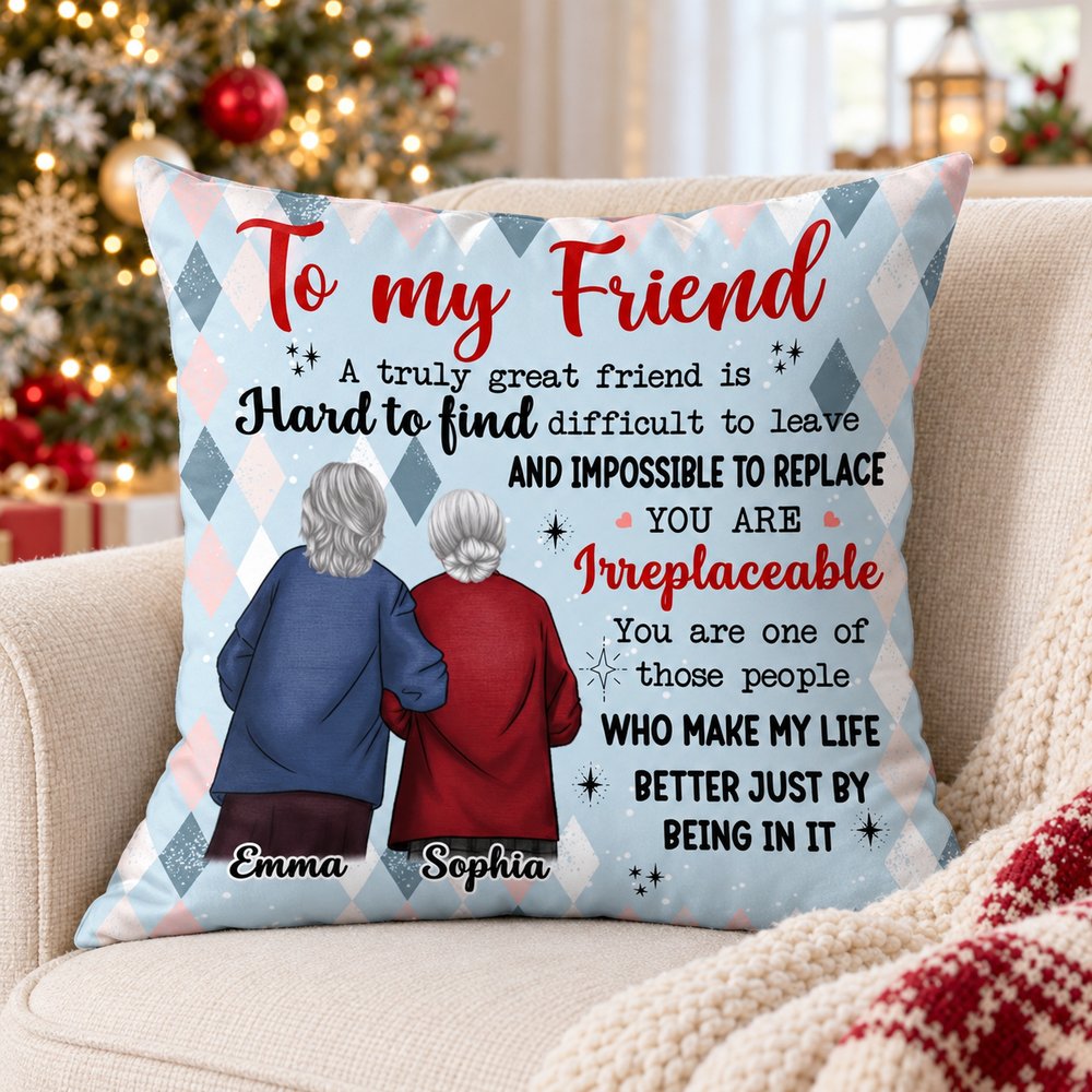 Personalized To My Friend throw pillow on a cozy armchair near a Christmas tree