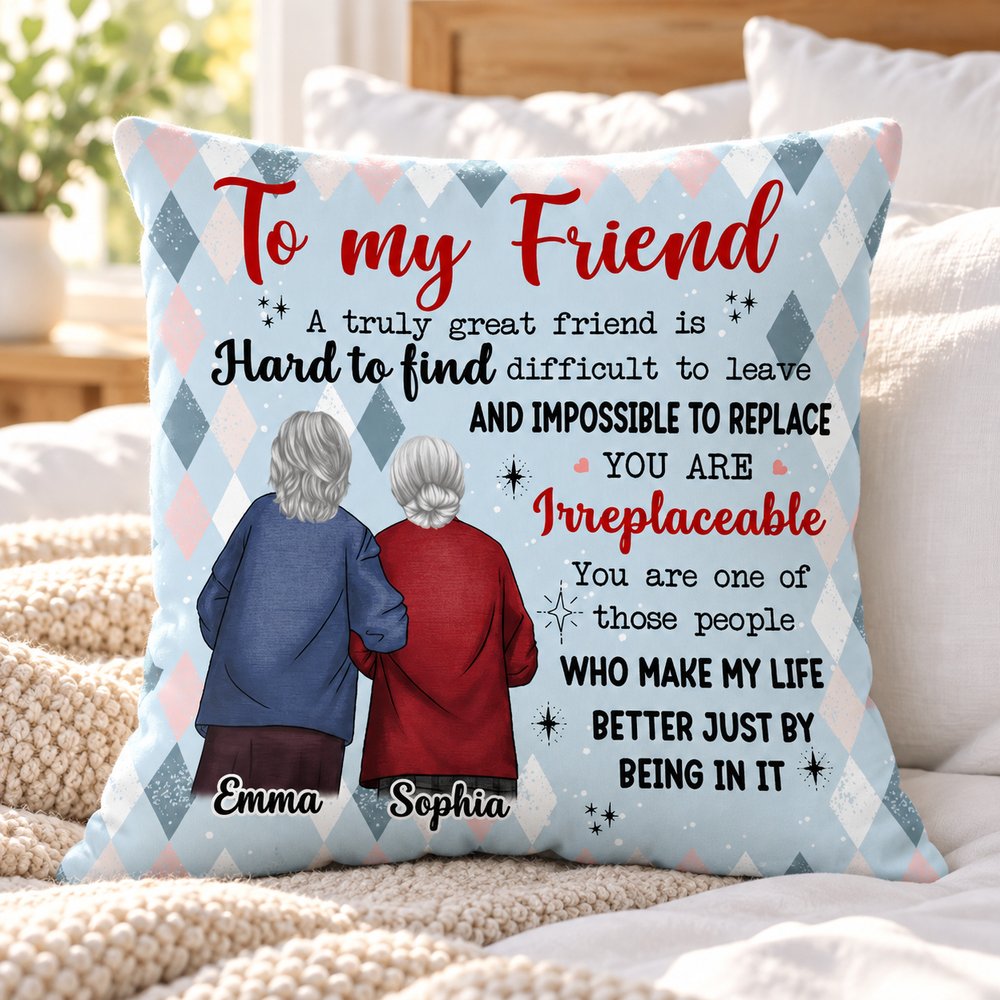 Custom best friend pillow styled on a bright cozy bed with white linens