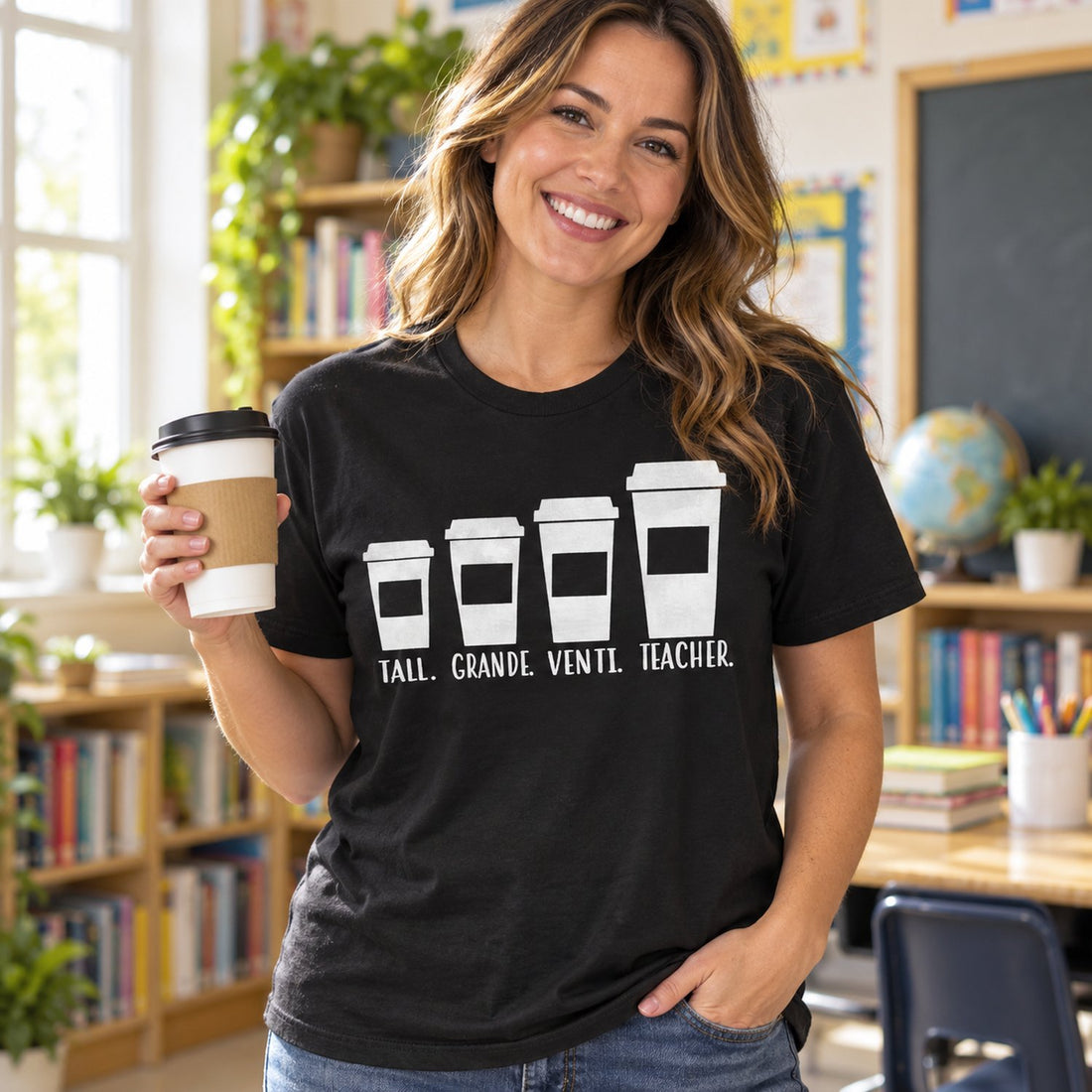 Teacher wearing black coffee sizes graphic t-shirt in a bright classroom holding a coffee cup