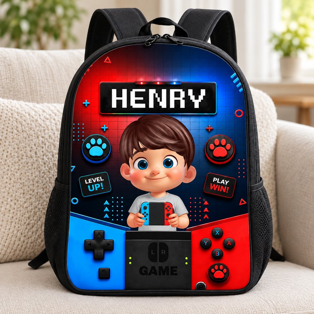 Close-up detail of polyester print texture and zipper on personalized kid backpack