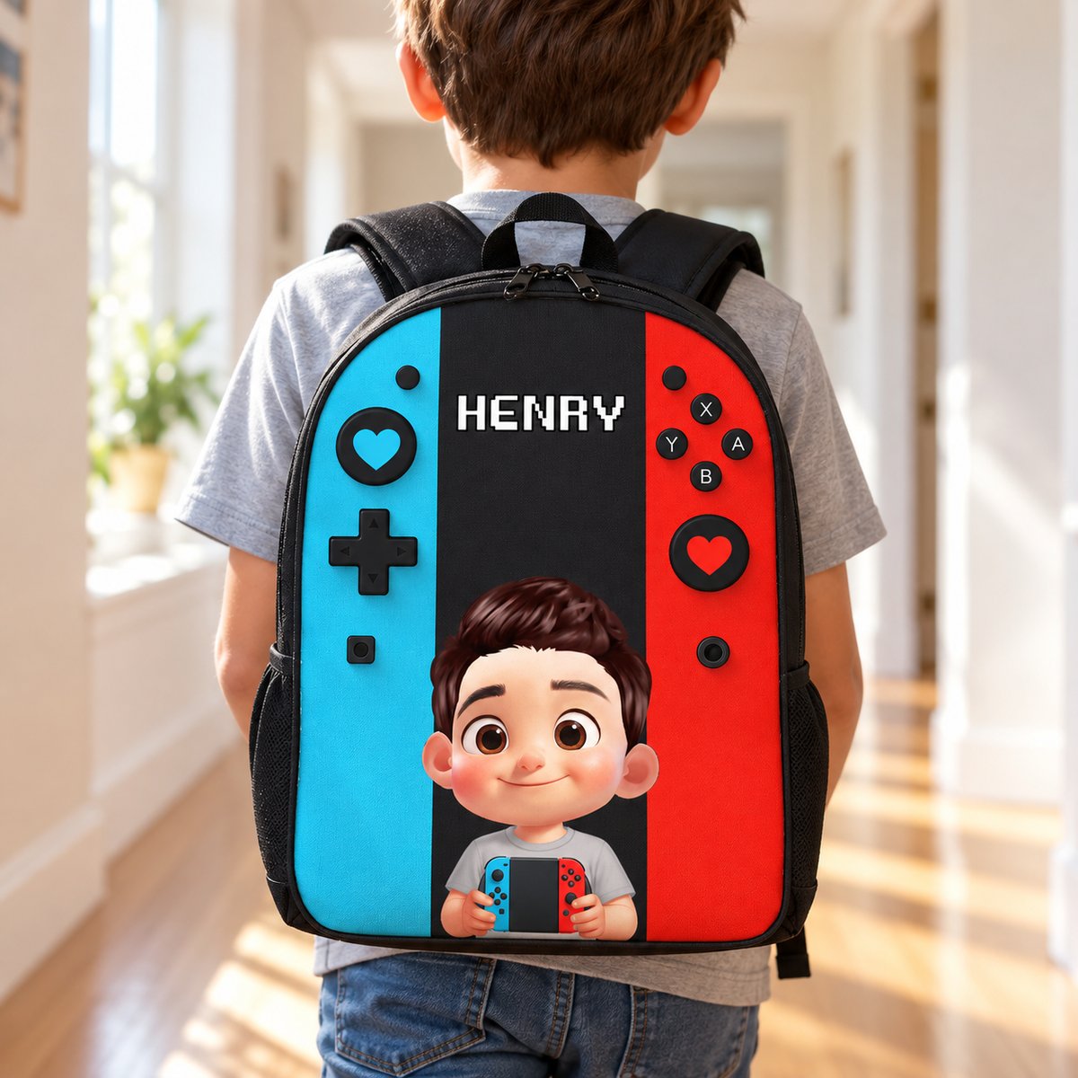 Young boy wearing personalized gamer kid backpack with Henry name print in a bright hallway