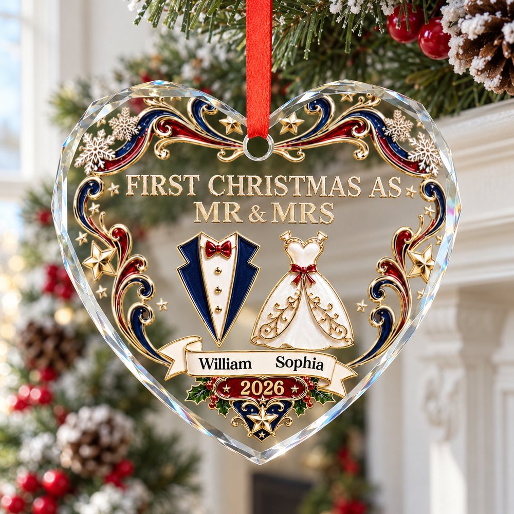 Newlywed couple heart glass Christmas ornament hanging on festive holiday fireplace mantel garland