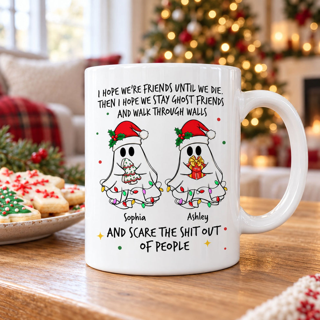 Personalized Ghost Friends Christmas ceramic mug on holiday coffee table near Christmas tree