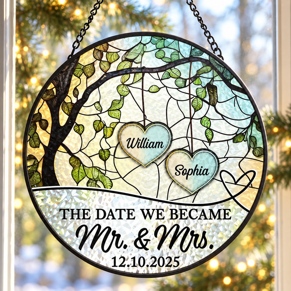 Mr and Mrs stained glass window hanging suncatcher with holiday greenery in background