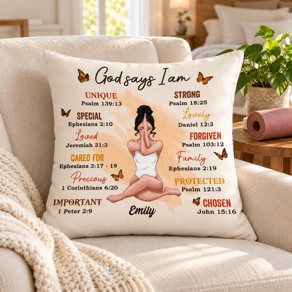 Custom Christian yoga lover throw pillow displayed on an armchair in a bright reading corner