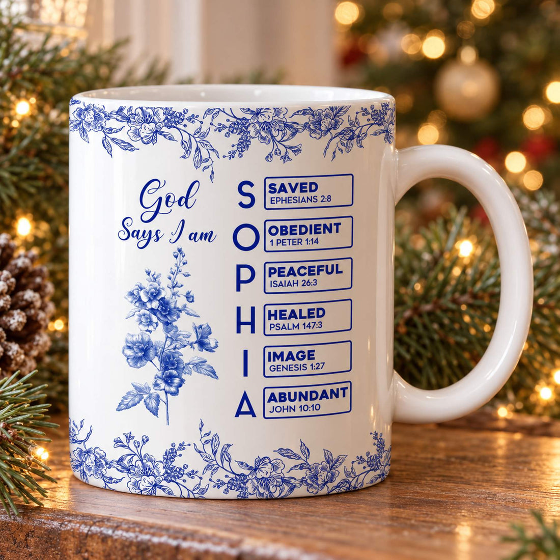 God Says I Am personalized Christian mug with blue Toile de Jouy floral design on holiday mantel