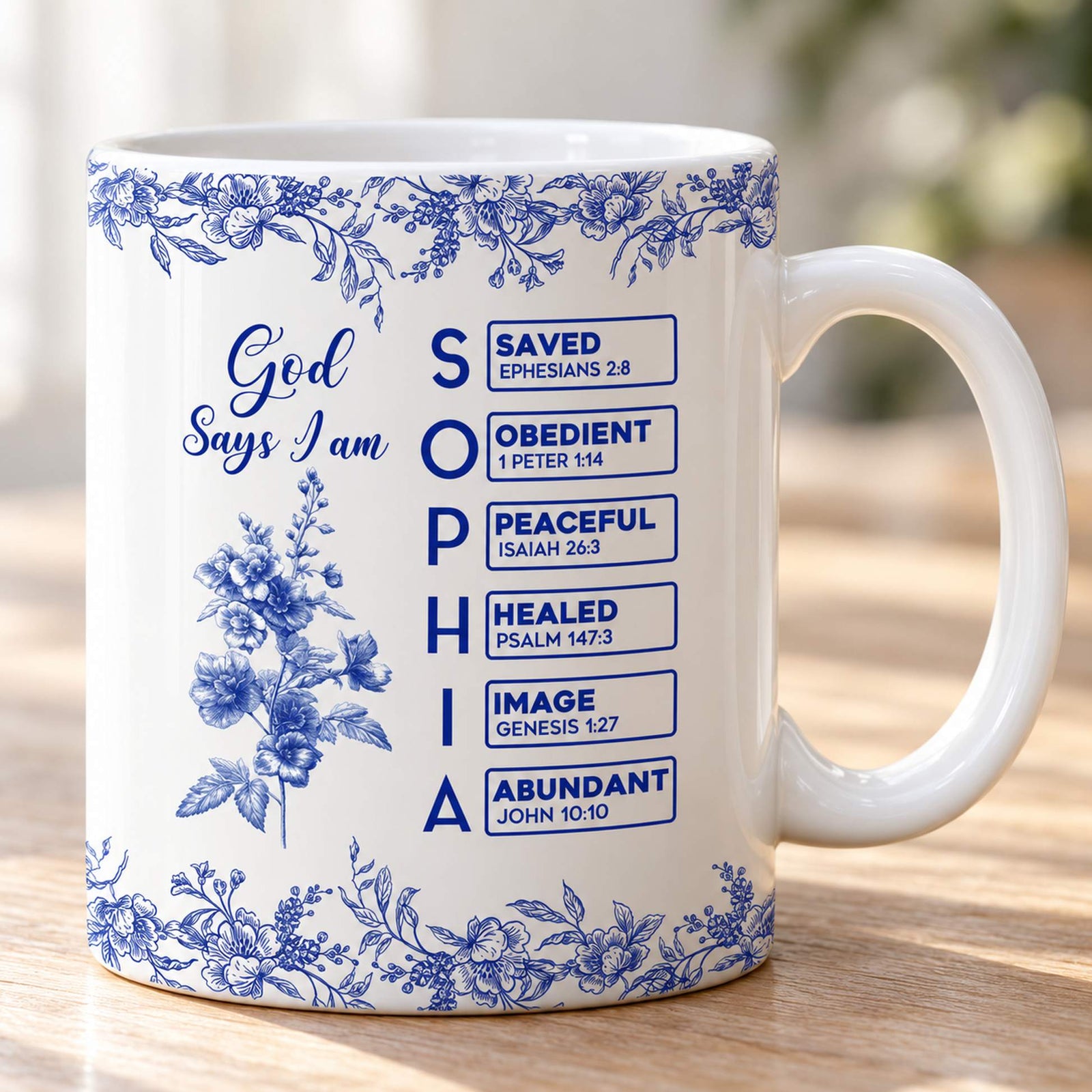 Close up detail of blue Toile de Jouy floral print and Bible verse boxes on ceramic mug