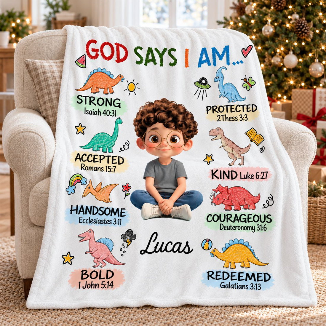 God Says I Am personalized kids fleece blanket draped on armchair by Christmas tree