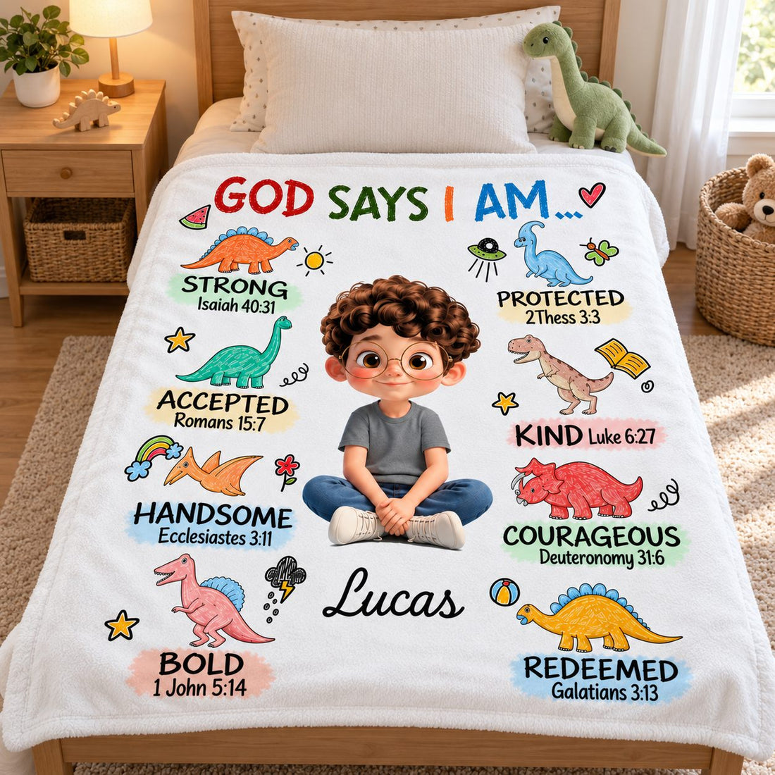 Personalized God Says I Am fleece blanket laid across a twin bed showing 50x60 scale