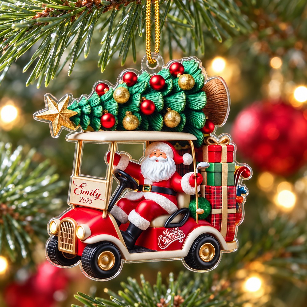 Golf Cart Santa personalized acrylic ornament Emily 2025 hanging on a bright Christmas tree branch
