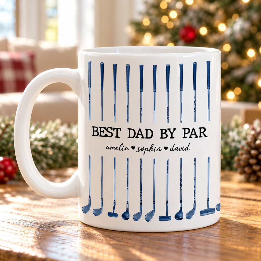 Best Dad By Par personalized golf mug on wooden table with Christmas tree in background