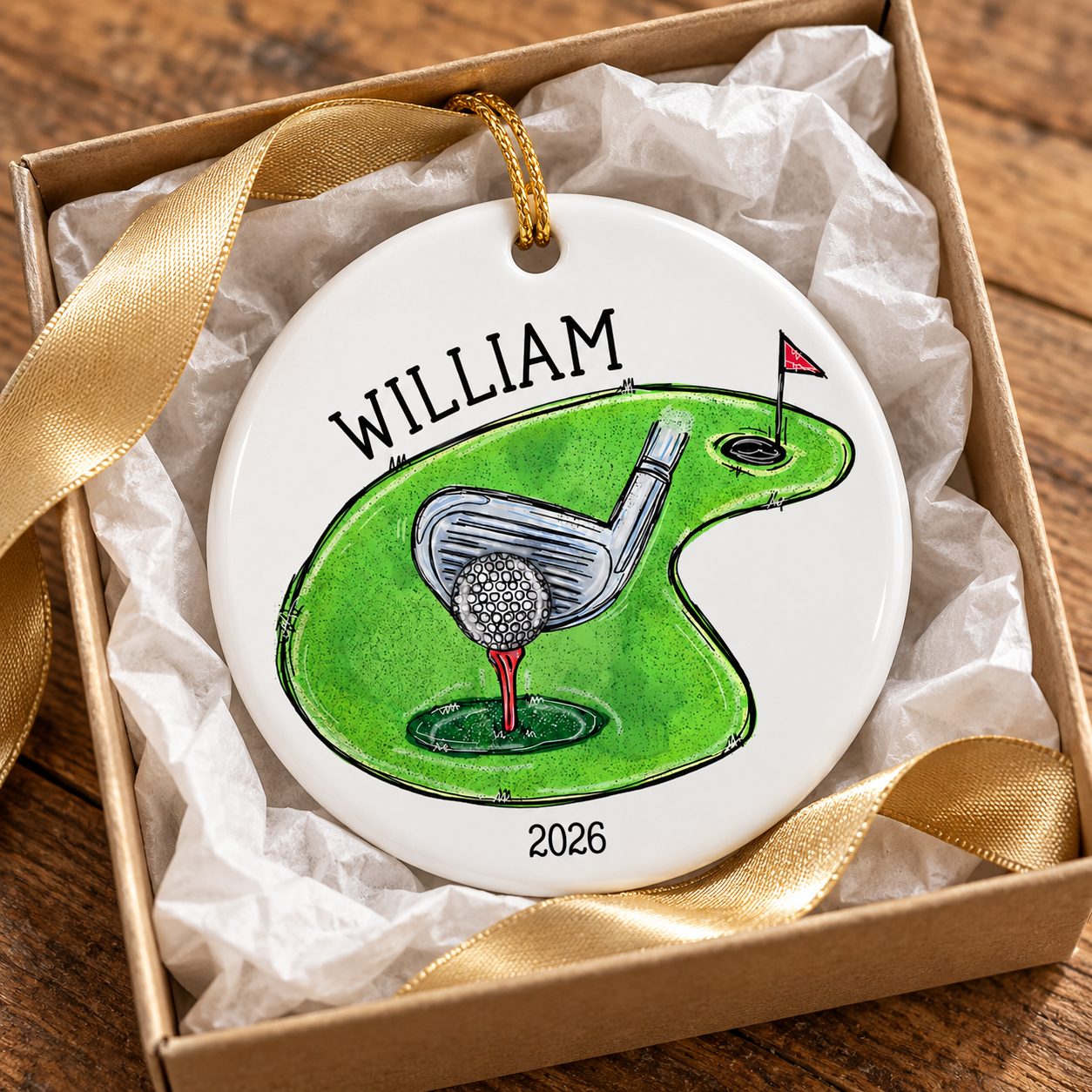 Personalized golfer dad ceramic ornament nestled in a small gift box with tissue paper