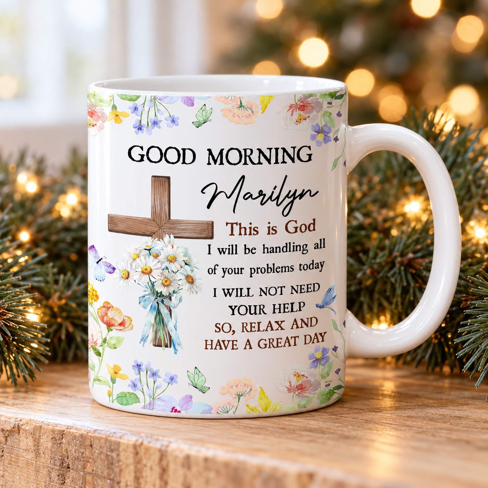 Good Morning This Is God personalized Christian ceramic mug on a Christmas mantel with pine garland