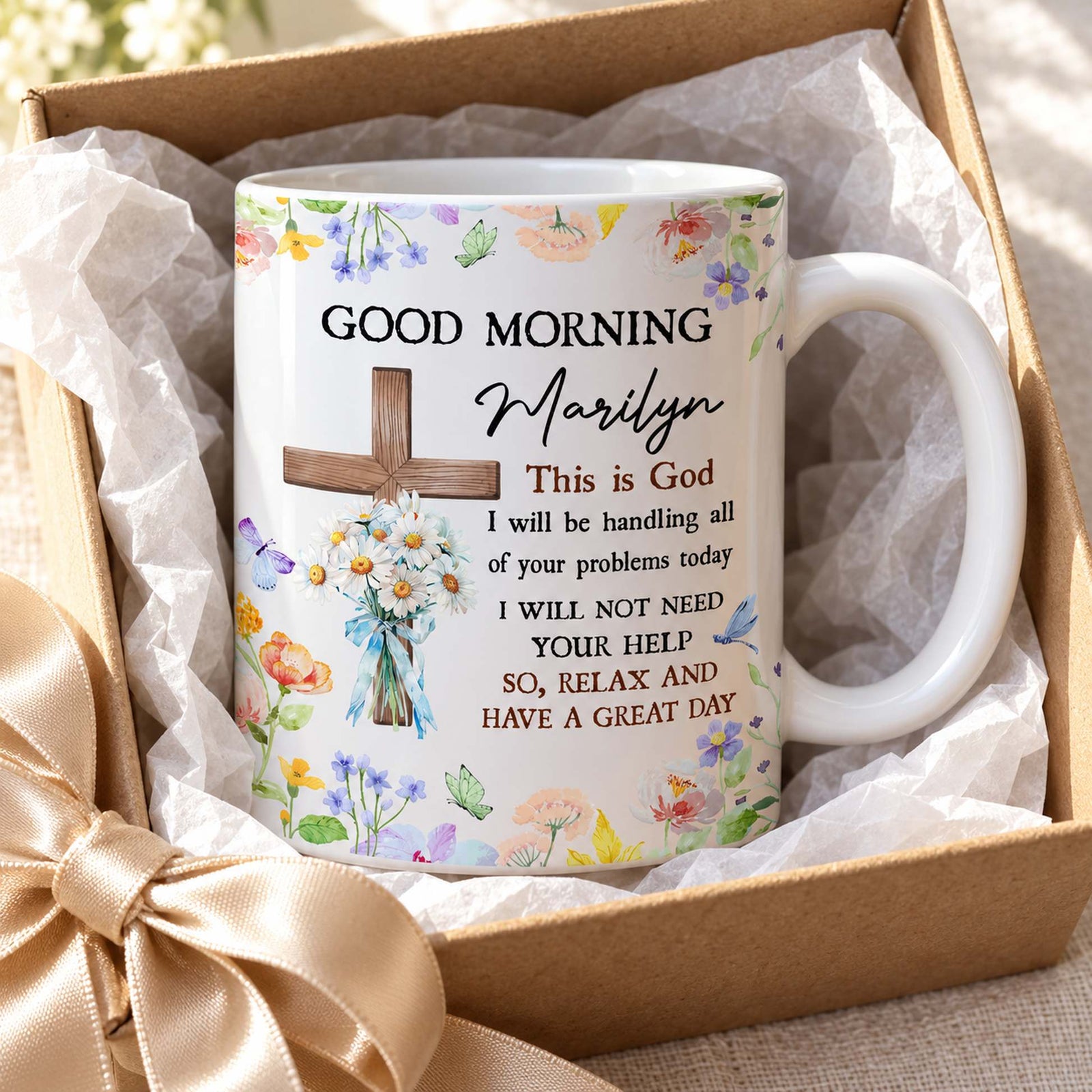 Personalized Good Morning This Is God Christian mug in an open holiday gift box with ribbon
