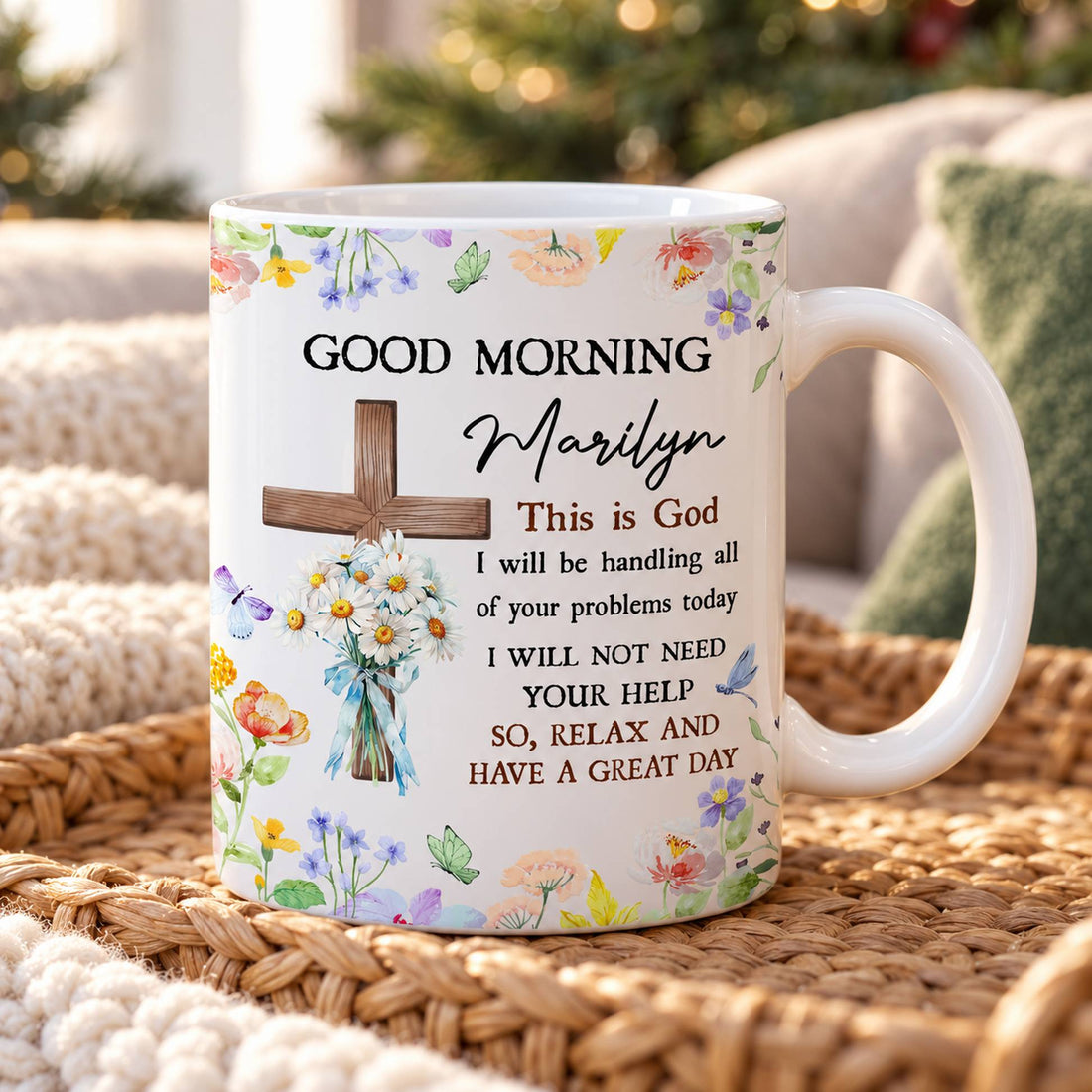 Good Morning This Is God custom Christian mug on a wooden tray with a cozy knit blanket